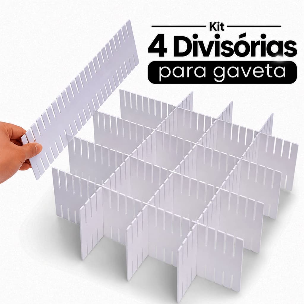 Organizador De Gavetas Divisória 4 unidades Separador Ajustável Branco Cinza Tiras