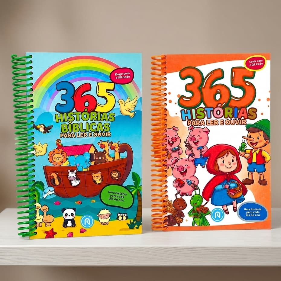 Kit 2 Livros 365 Bíblicas + 365 Contos QR Code para Ler e Ouvir Espiral Educação Cristã para Criança