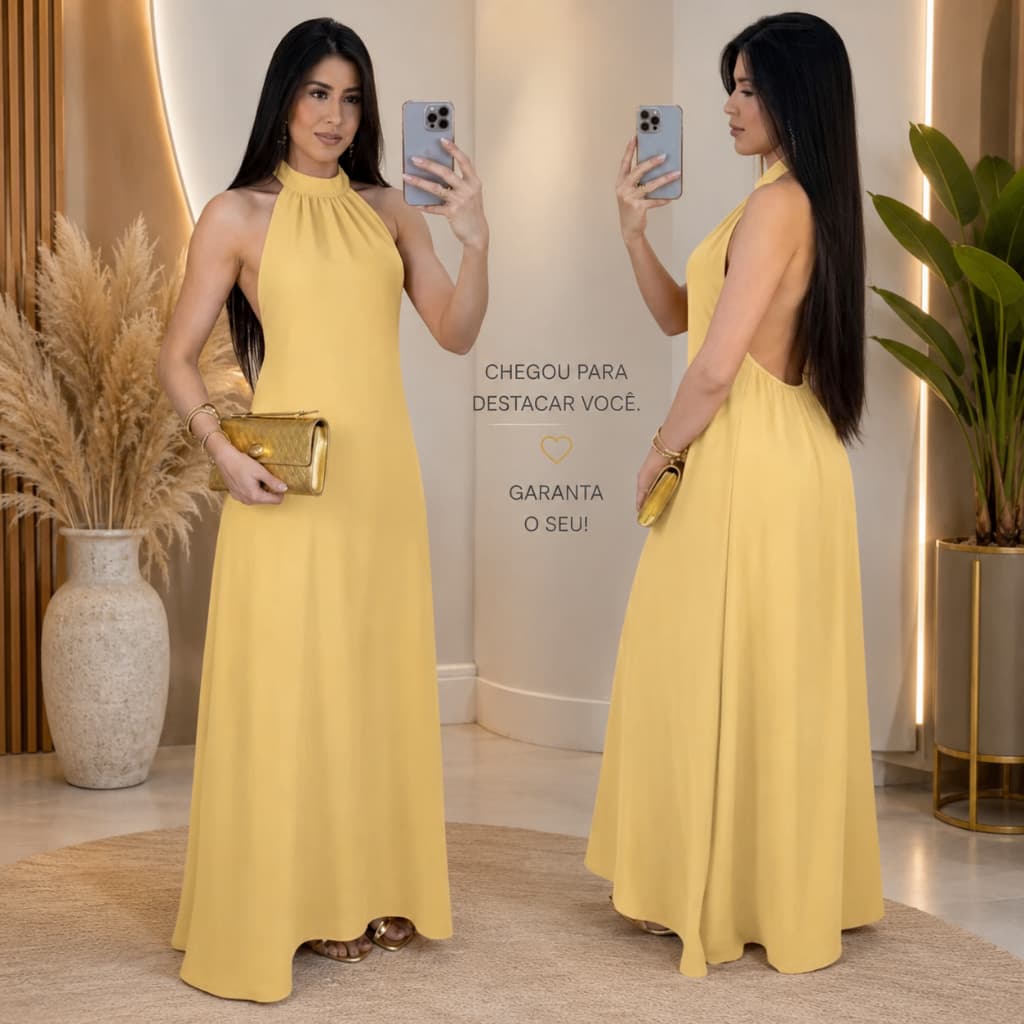 Vestido Feminino Alfaiataria Solto Verão Casual Frente Única Costa Nua Gola Alta Elegante Festas