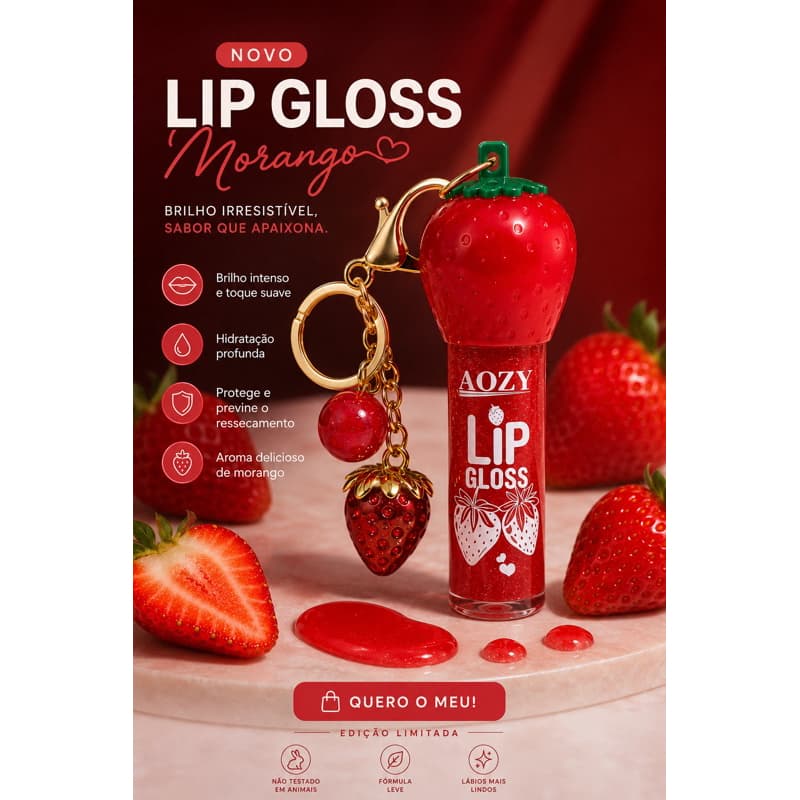 Gloss Labial Morango com Chaveiro Hidratante Brilho Labial Portátil Pingente de Morango para Chaves