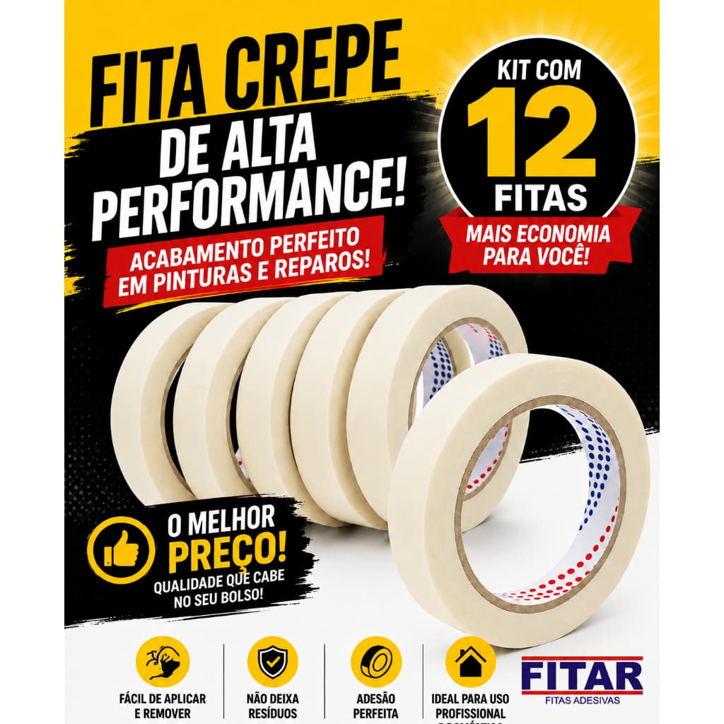 Fita Crepe Premium Kit com 12 Rolos 18mm x 50mm Fitar Fitas Adesivas