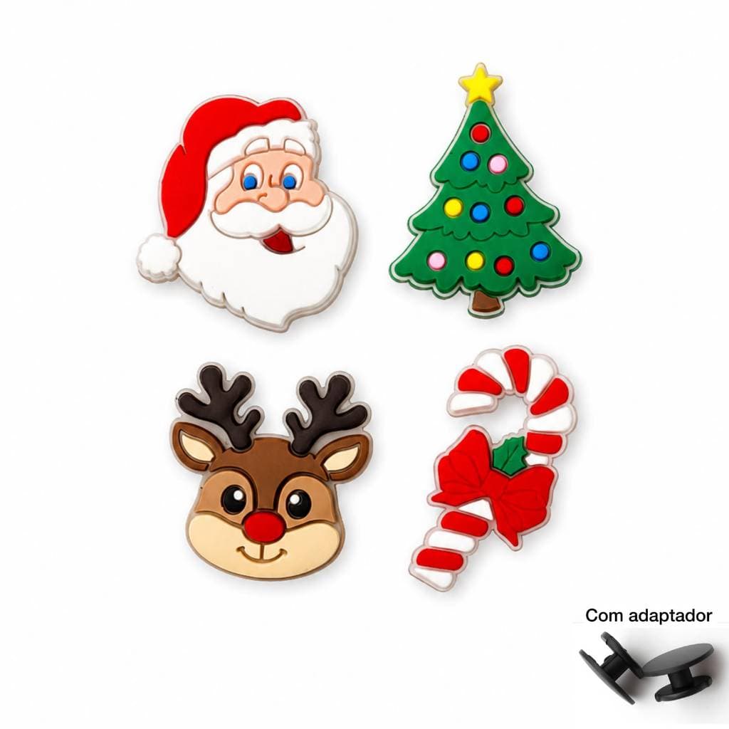 Kit 2 ou 4 Pins Emborrachados Natalinos Papai Noel Árvore Rena e Bengala para Sapatos