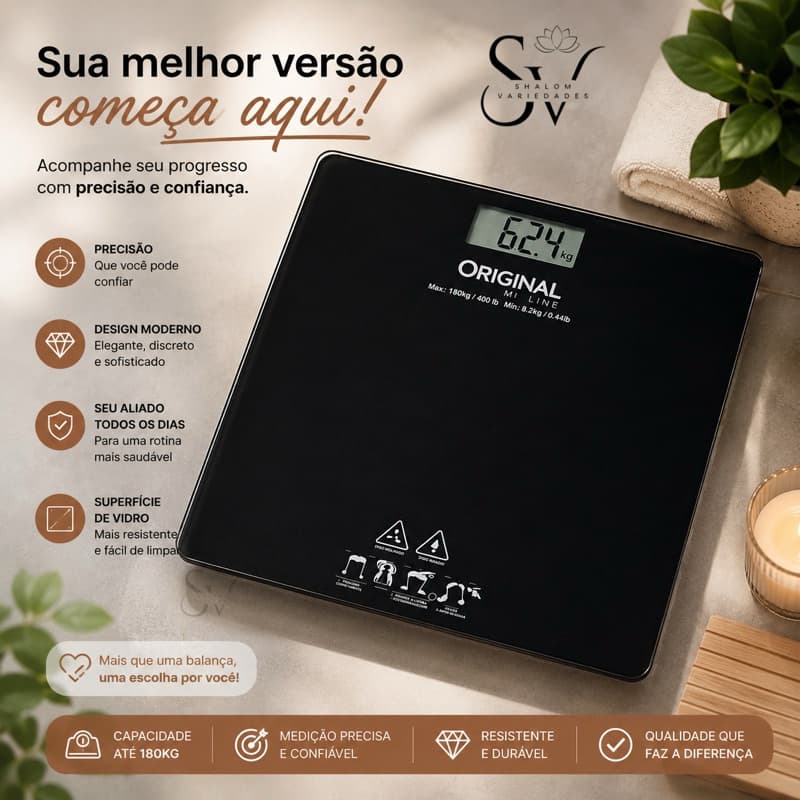 Balança Corporal Preto Quadrada Digital Até 180kg Com Vidro Temperado Premium
