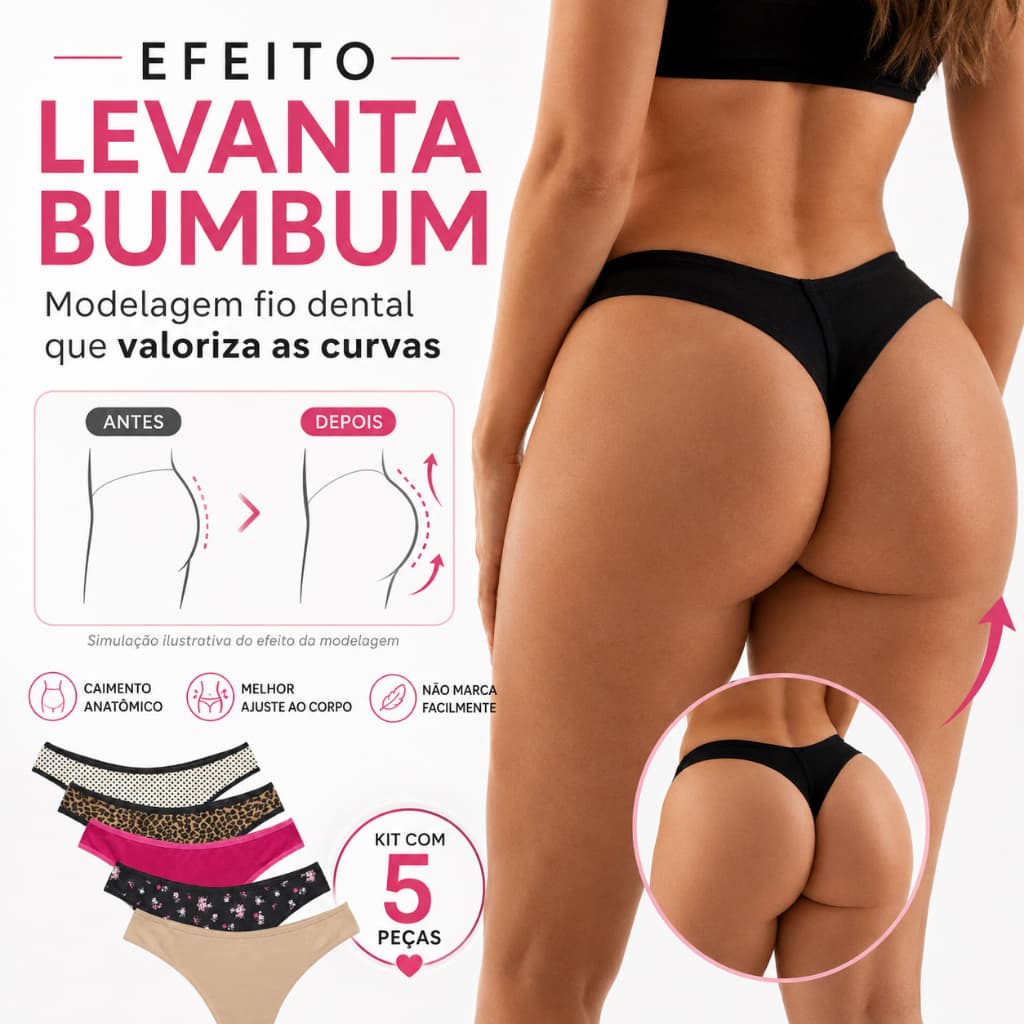 Kit 5 Calcinhas Fio Duplo Levanta Bumbum Feminino Forro Duplo 100% Algodão Antialérgico Cores Basicas P, M , G -GG