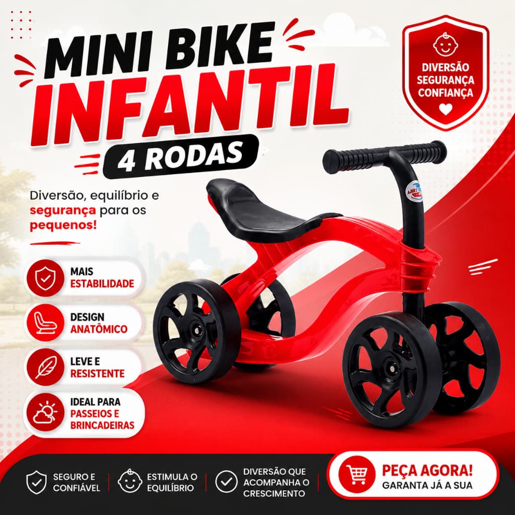 Bicicleta de Equilíbrio Infantil 4 Rodas Sem Pedal Futurista Vermelha Rosa Azul até 25 kg para Bebês