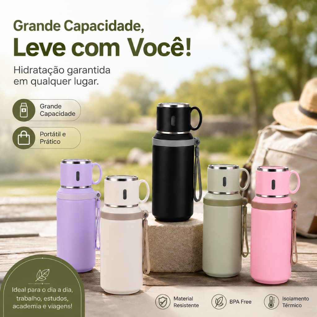 Garrafa Térmica Portátil Grande Capacidade Copo Inox com Tampa e Alça