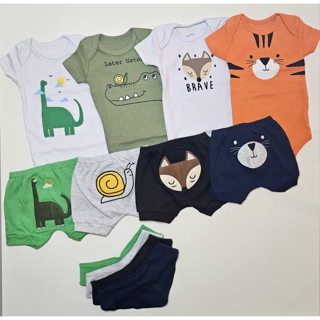 KIT 12 peças bebê menino - 4 bodys c/ 4 shorts e 4 babadores - Malha Algodão Serafina