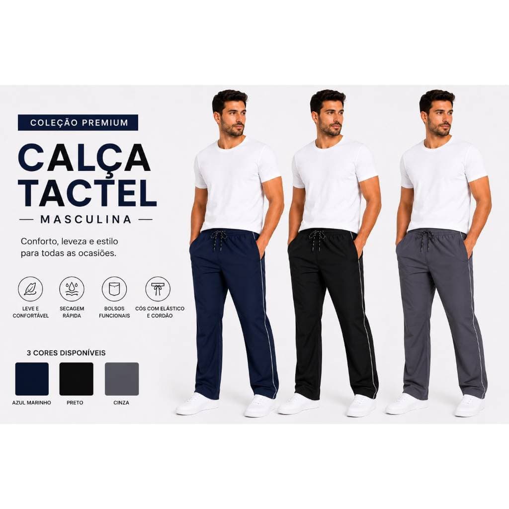 Calça Tactel Masculina Casual com Bolsos Cós de Elástico Confort Premium