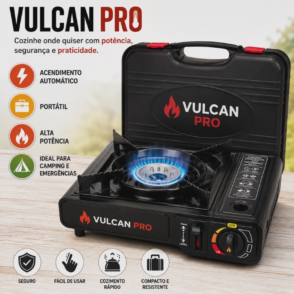 Fogareiro Portátil Vulcan Pro 1 Boca com Maleta Acendimento Automático Camping Viagem Cozinha Butano