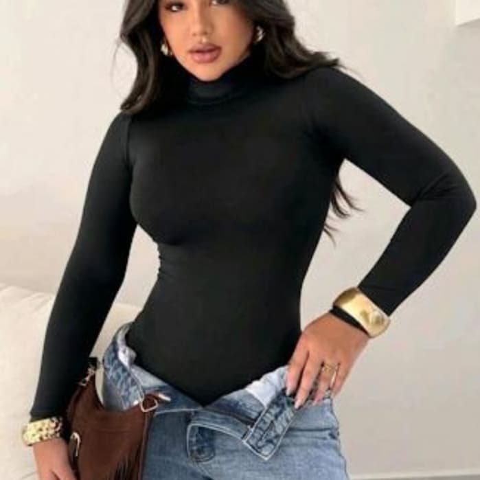 Body Feminino Slim Gola Alta Cacharrel Manga Longa Comprida Casual Básico Elegante Marrom Preto Branco Roupa Moda
