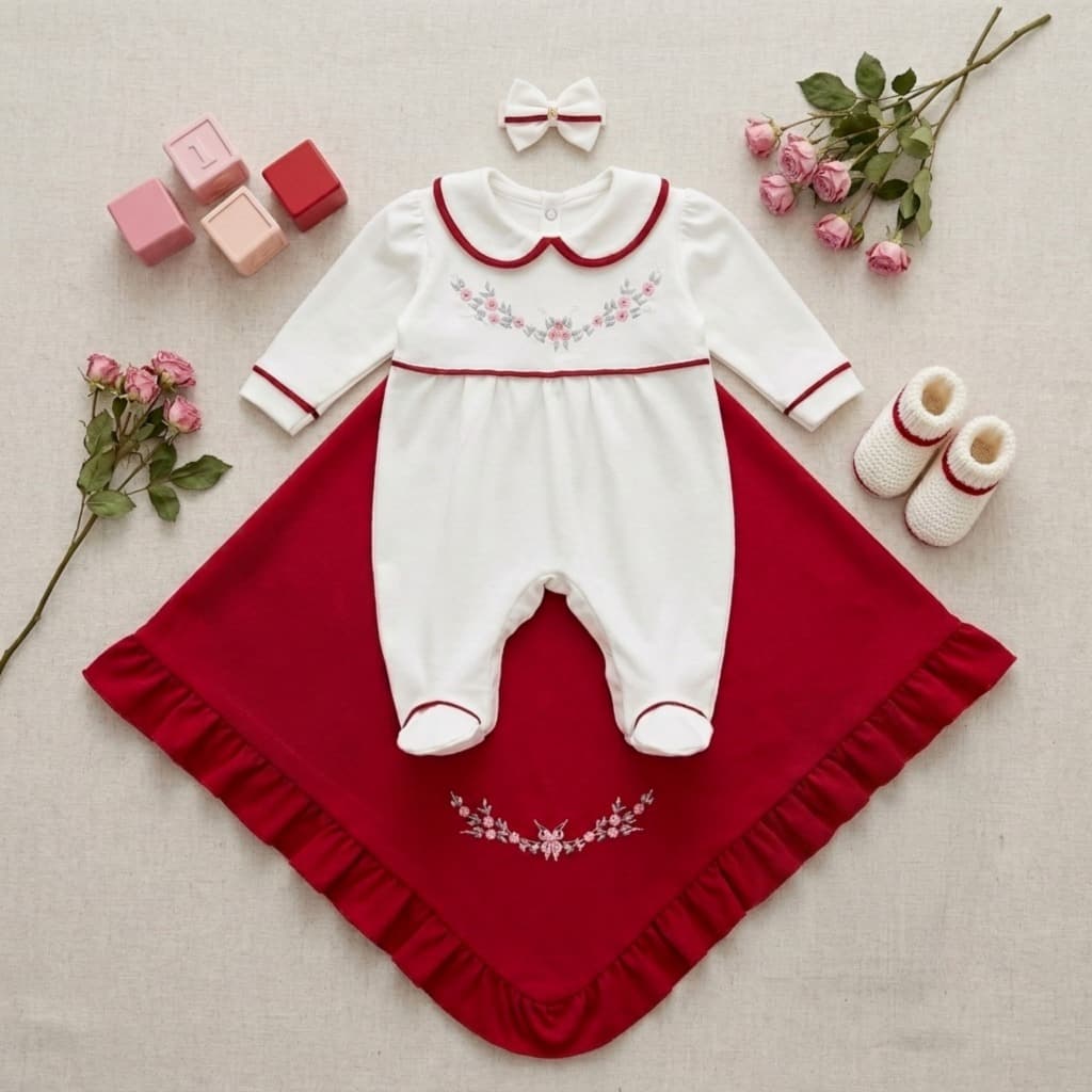Kit Primeiros Dias Bebê Menina 03 Peças 100% Algodão Vermelha Bordado Flores Maternidade Luxo
