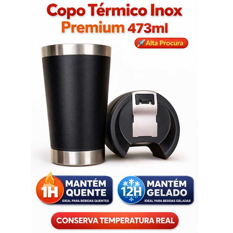 Copo Térmico 473 ml Premium Bebida Gelada ou Quente Completo Com Tampa e Abridor Integrado
