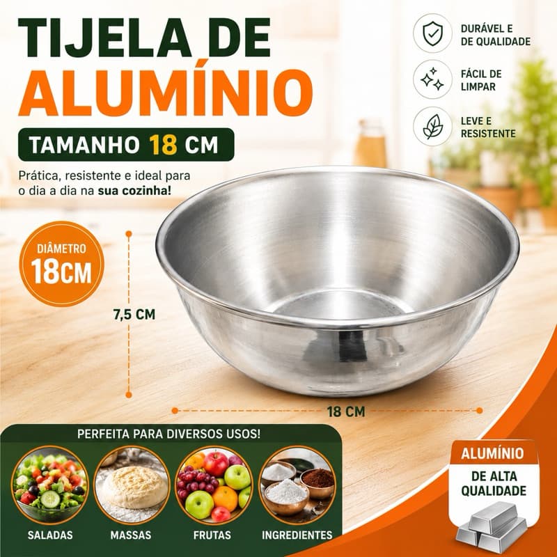 Tigela de Alumínio 18cm Reforçada Bowl Multiuso para Cozinha Saladas Massas e Preparo