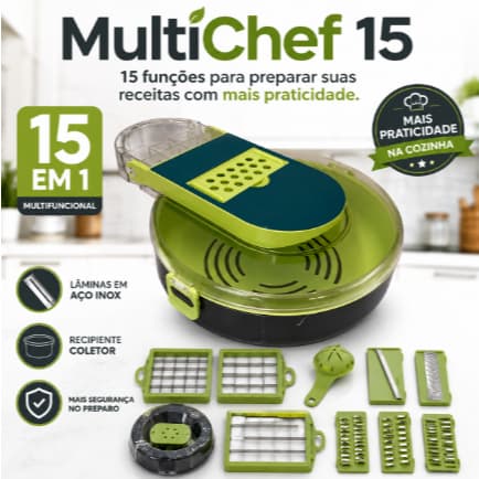 Cortador de Legumes Multifuncional 15 em 1 MultiChef 15 Ralador Fatiador Processador Manual de Vegetais