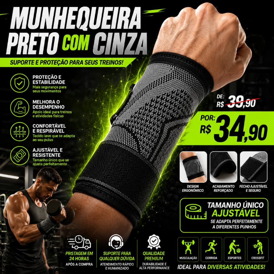 👏Munhequeira Ortopédica Ajustável Preto com Cinza Suporte de Compressão para Punho Esportiva👏