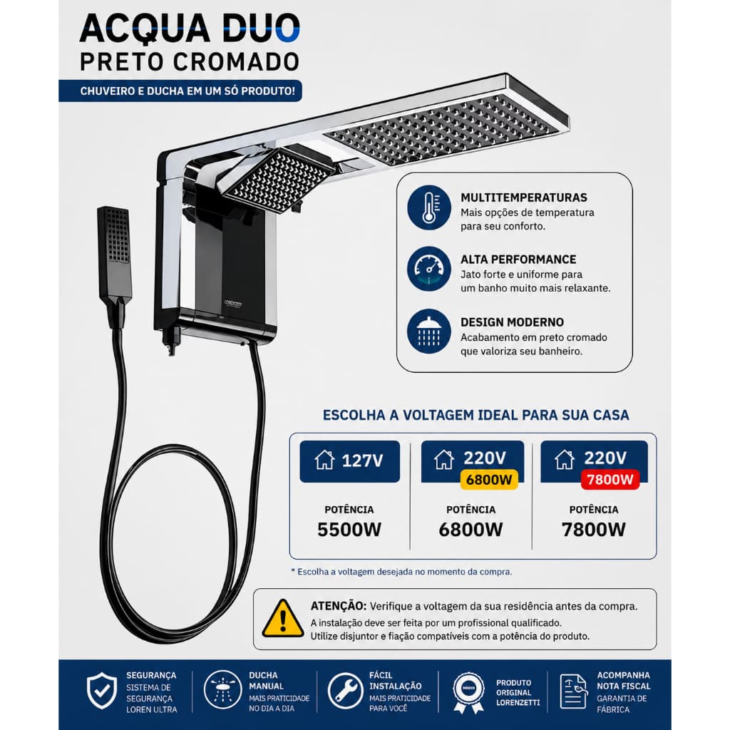 Chuveiro Lorenzetti Acqua Duo Preto Cromado 127V 5500W 220V 6800W 7800W Original