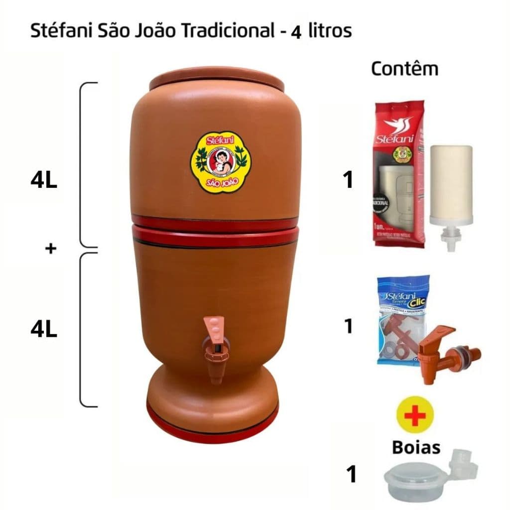 Filtro de Barro São João Stéfani Tradicional 4 Litros com Vela, Boia e Torneira – Filtro de Água Cerâmica Original