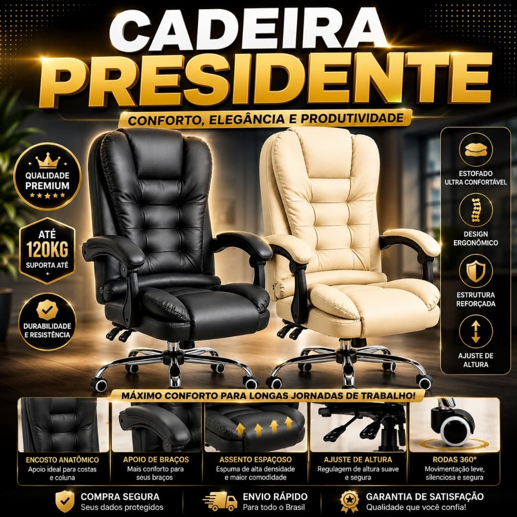Cadeira Presidente Ergonômica Executiva Preta ou bege Giratória Reclinável Base Cromada Conforto Premium