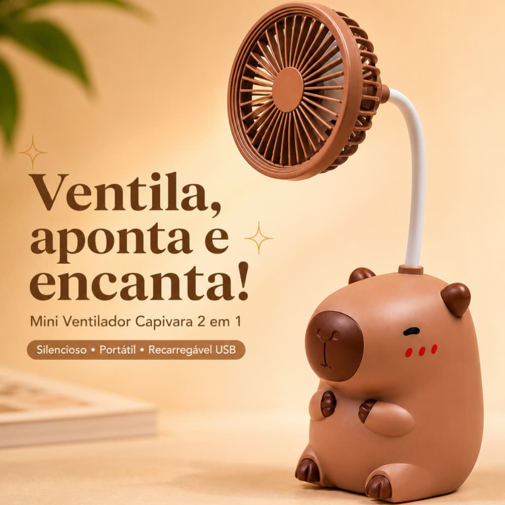 Mini Ventilador Capivara Recarregável USB-C com Apontador Traseiro Portátil de Mesa