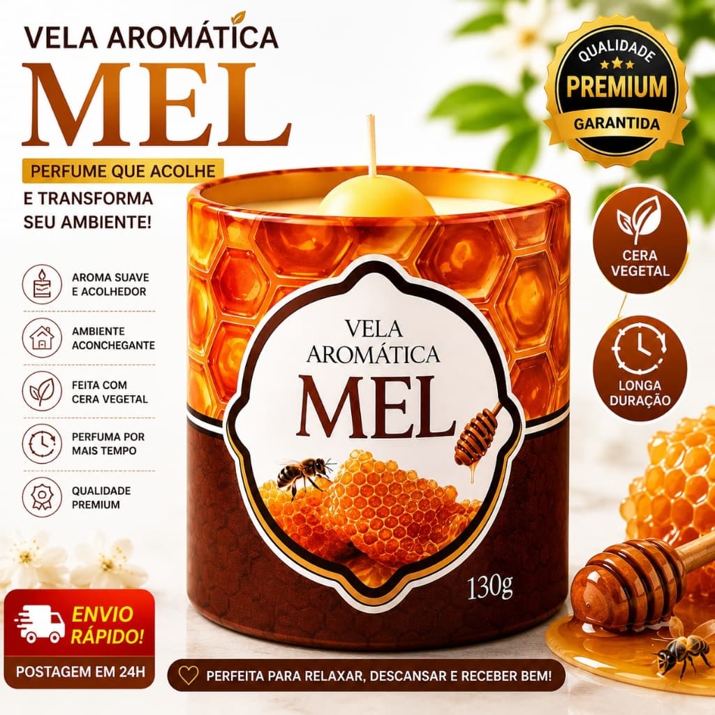 Vela Aromática Mel 130g Perfumada Cera Vegetal Longa Duração