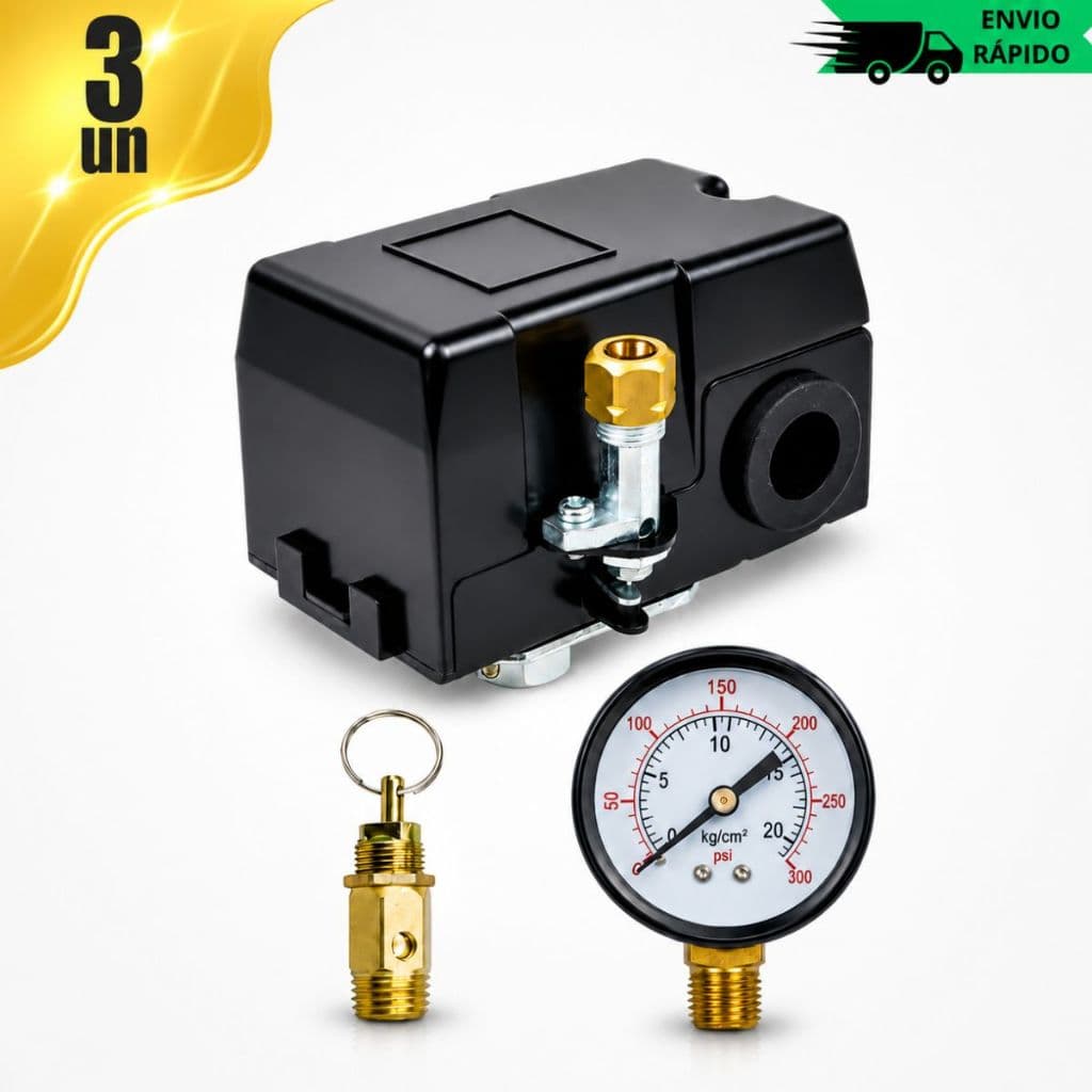Kit Para Compressor De Ar Com Pressostato 80/120 PSI 4 Vias + Válvula De Segurança E Manômetro