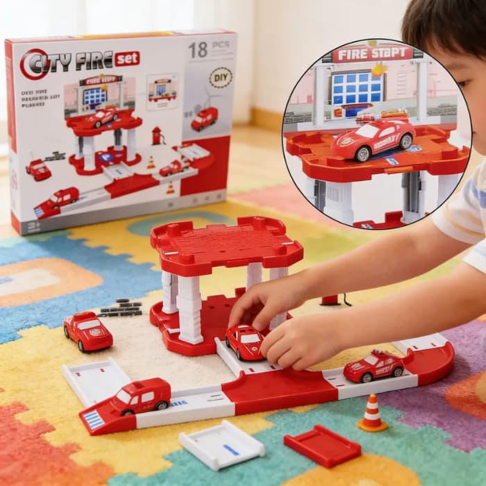 Pista de Carrinhos Infantil Racing ou Bombeiros com Carrinho Brinquedo de Montar Kit Garagem Cenário Educativo