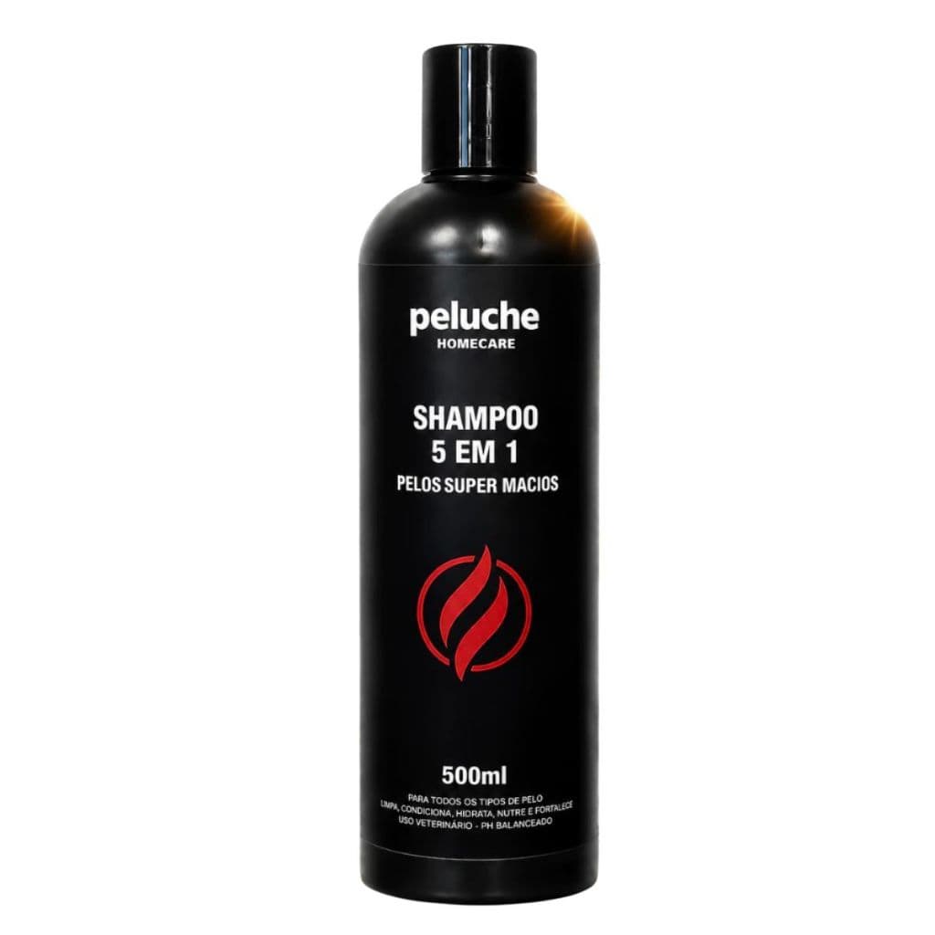 Shampoo Pet 5 em 1 Peluche 500ml Premium para Cães e Gatos pH Neutro Limpa Hidrata Perfuma e Dá Brilho