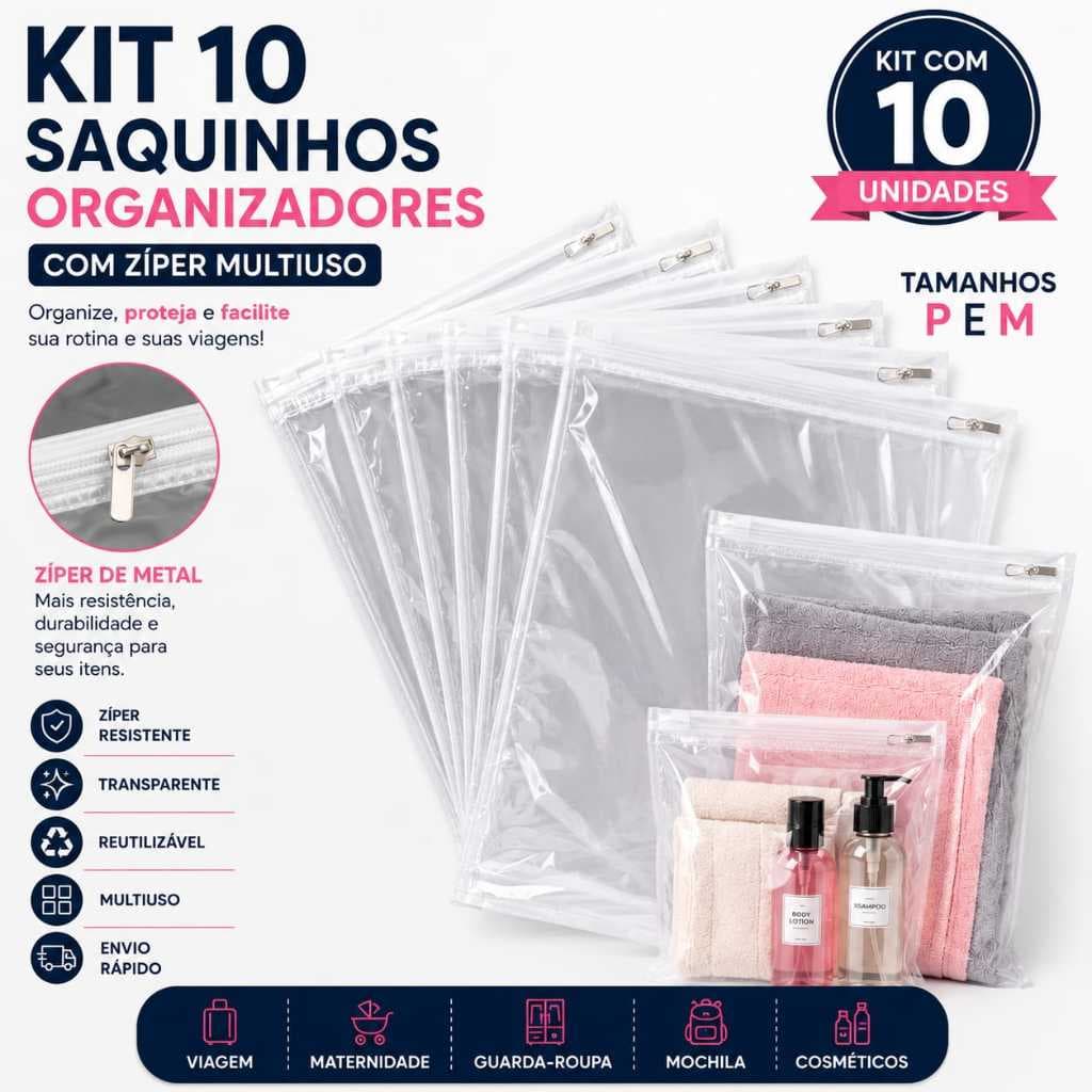 Kit 10 Saquinhos Organizadores Transparente com Zíper de Metal Multiuso para Mala Viagem Maternidade Guarda Roupa P e M
