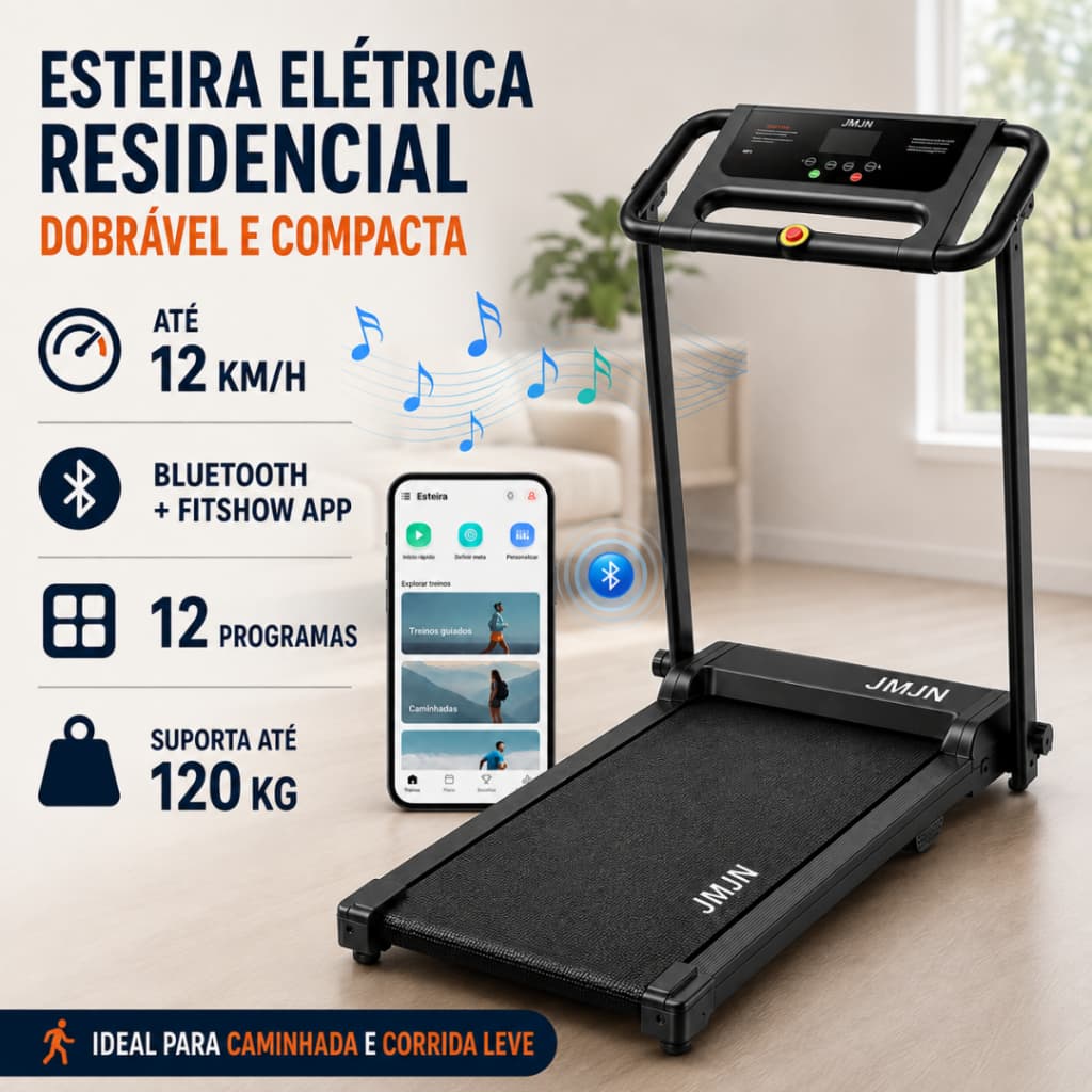 Esteira Elétrica Ergométrica Residencial 3.0HP Dobrável Silenciosa Bluetooth Tela LED 12km/h 120kg