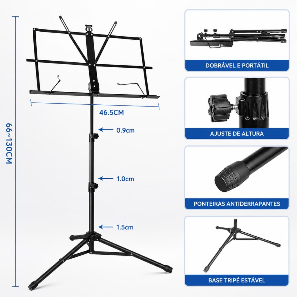 Estante Partitura Pedestal Musical Dobrável Tripé Apoiador