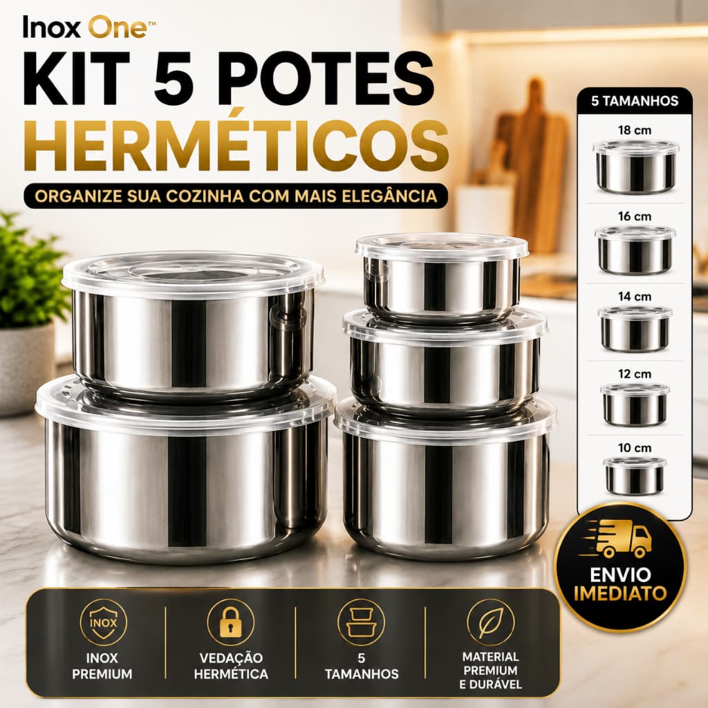 Conjunto 5 Potes Herméticos Inox com Tampa Redondos para Alimentos Mantimentos Geladeira Organização de Cozinha