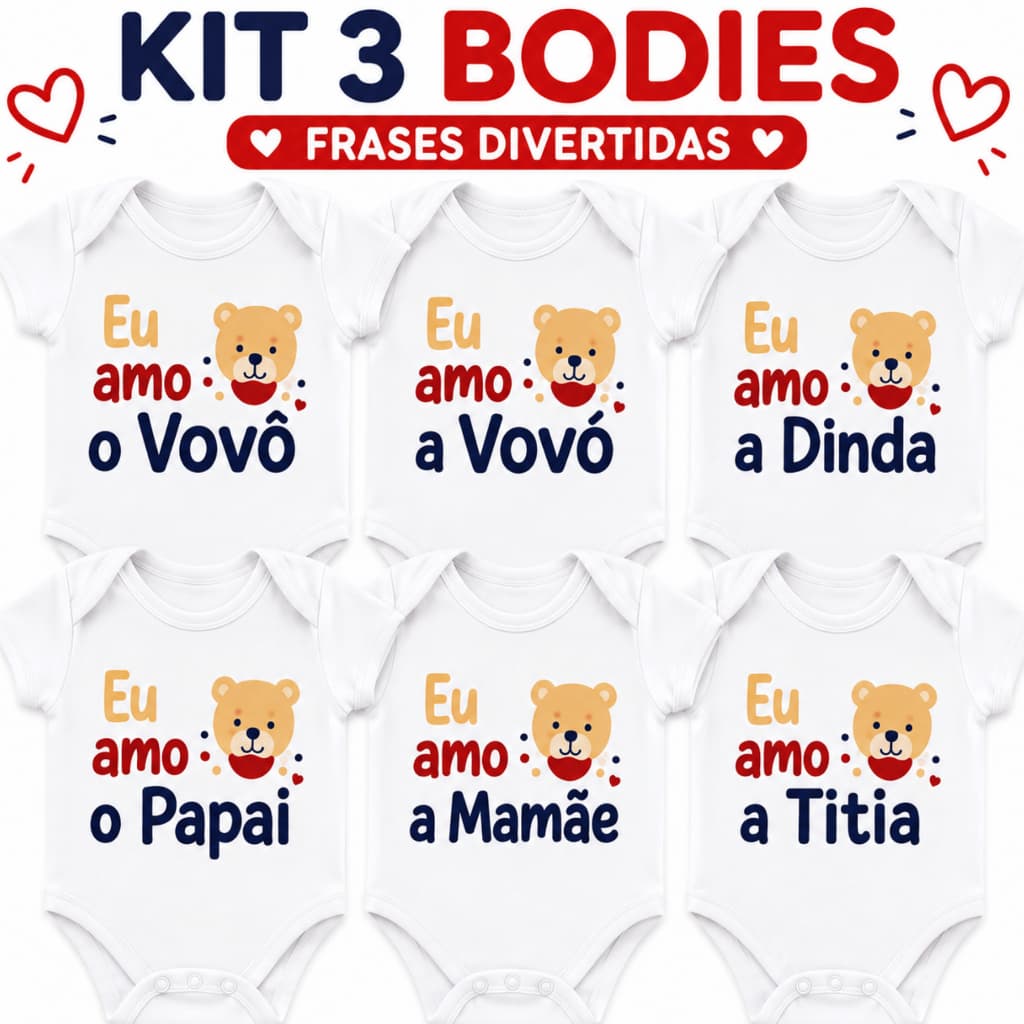 Body Bebê Kit 3 Temático Frases Divertidas Menino Menina Unissex Presente 100% Algodão Verão RN P M G