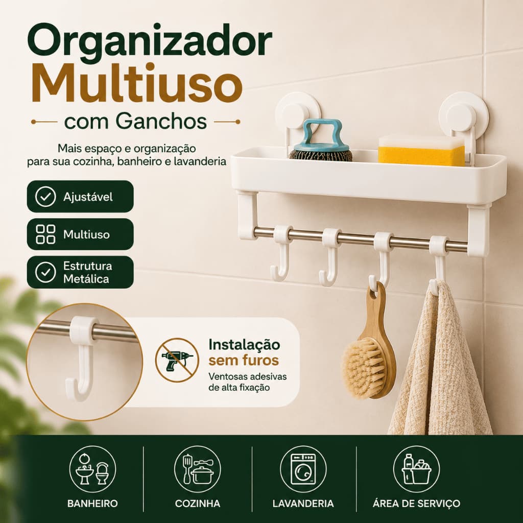 Organizador Multiuso com Ganchos para Cozinha, Banheiro e Lavanderia - Branco