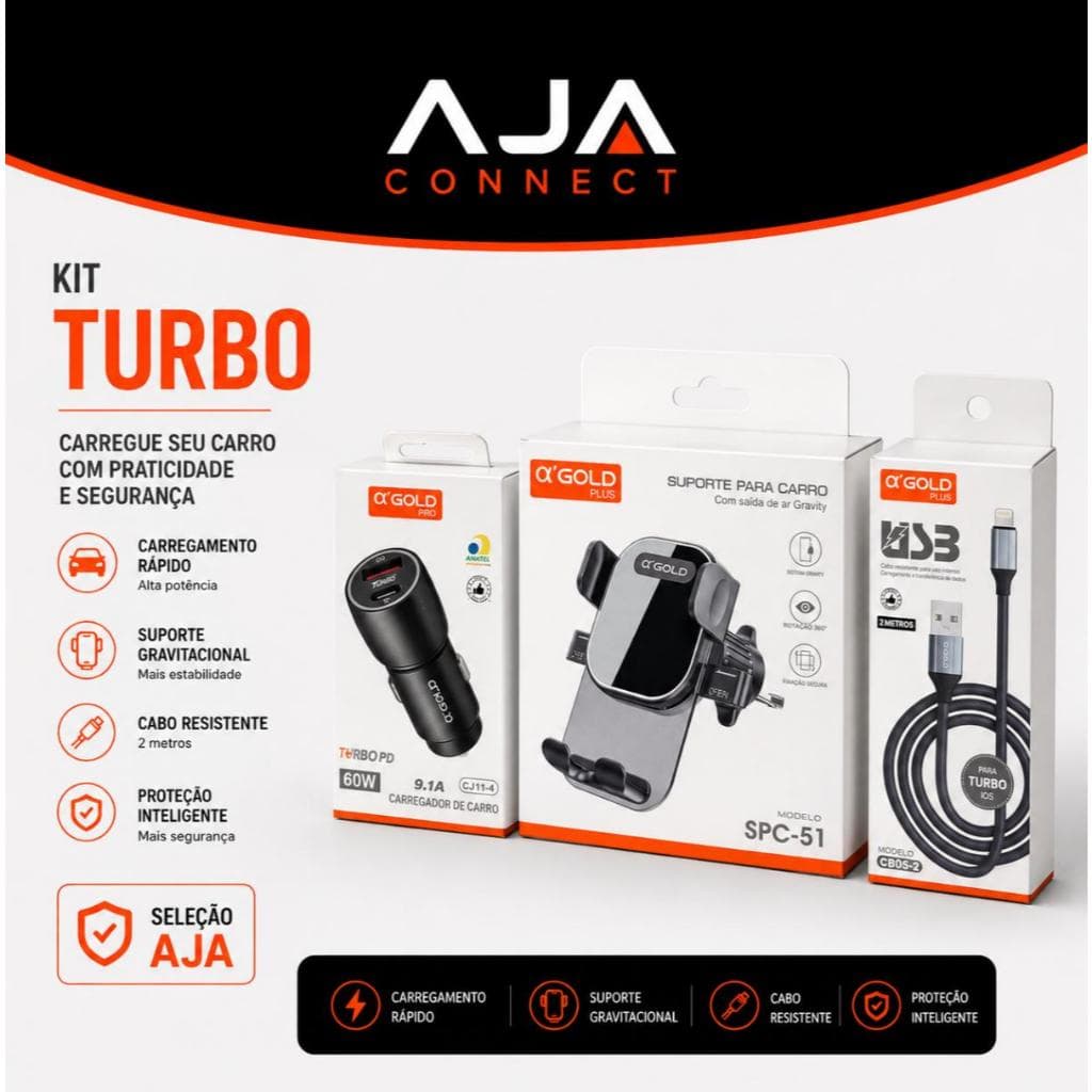 KIT TURBO VEICULAR α'GOLD - CARREGADOR 60W - CABO - SUPORTE