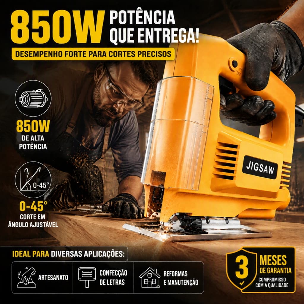 Serra Tico Tico Elétrica 850W Profissional Corte Ajustável 0-45° Para Madeira Metal e Reformas
