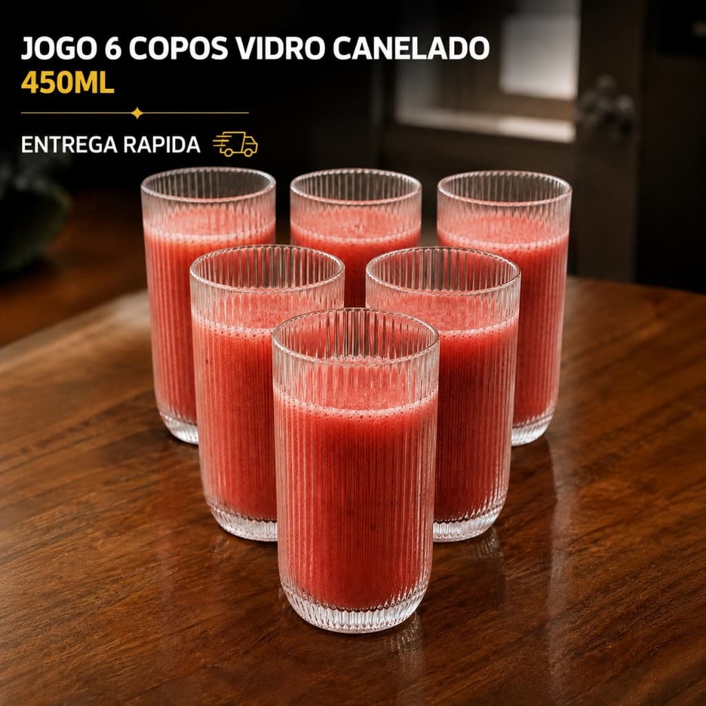 Jogo 6 Copos Vidro Canelado 450ml Long Drink Copo Premium - Leshop