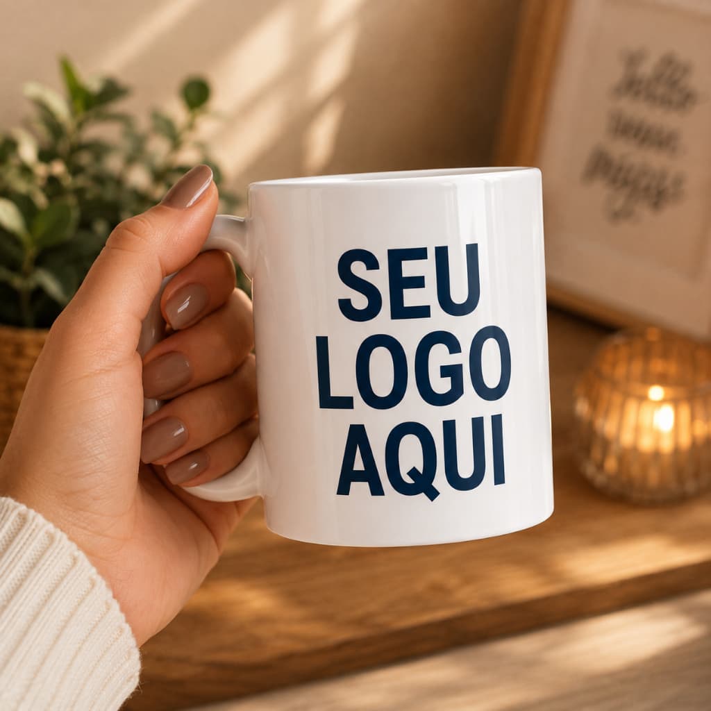 Caneca Cerâmica Personalizada com Sua Logo Idéia Empresa Foto Arte QR Code Exclusiva Presente Personalizado Branca 325ml