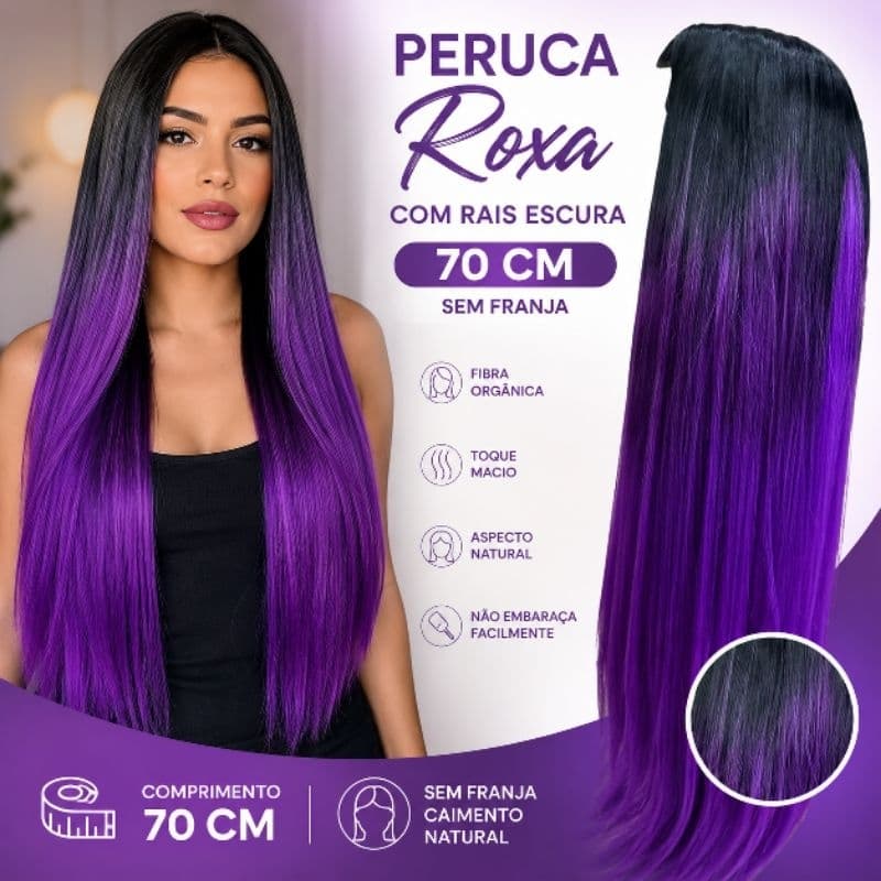 PERUCA LISA LONGA SEM FRANJA ROXA, COM RAIZ ESCURA  70CM E FIBRA ORGÂNICA