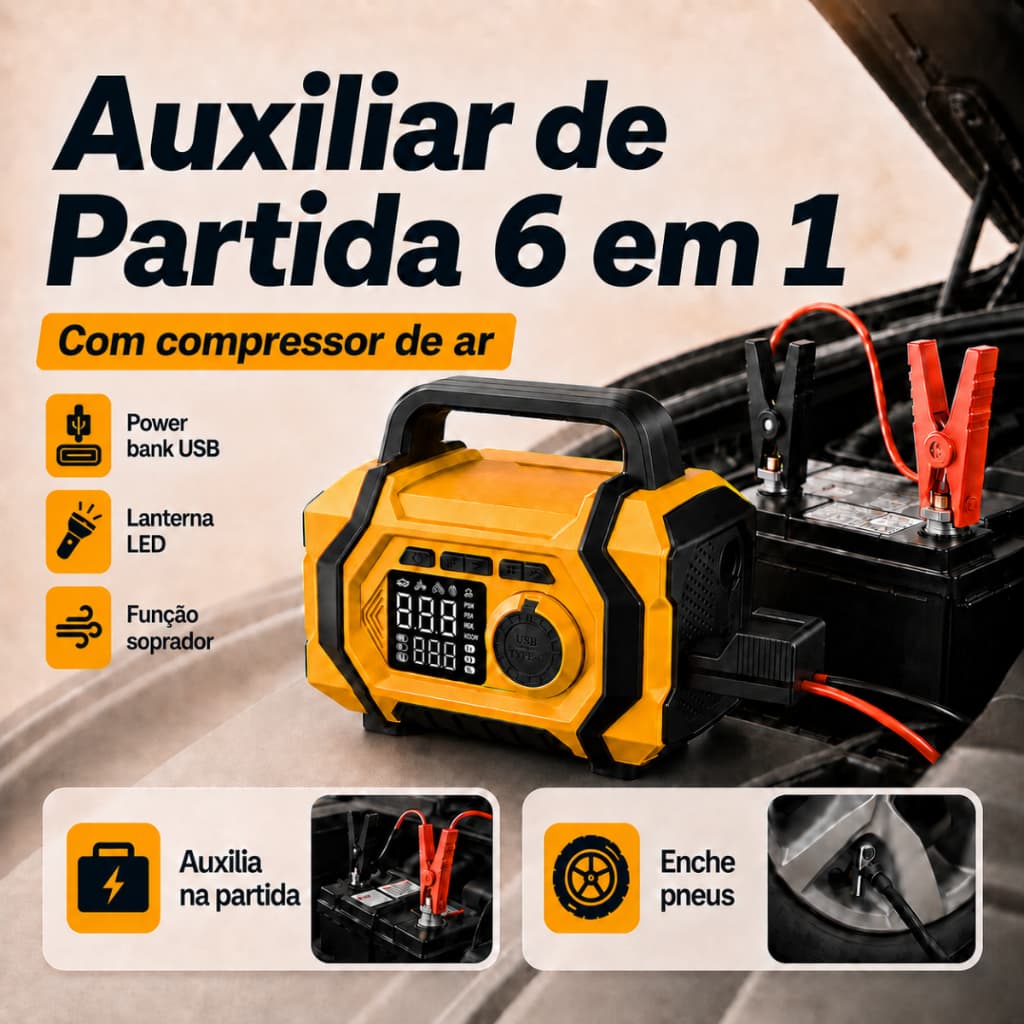Kit Partida Auxiliar Jump Starter com Carregador & Compressor de Ar Portátil Veicular 12V