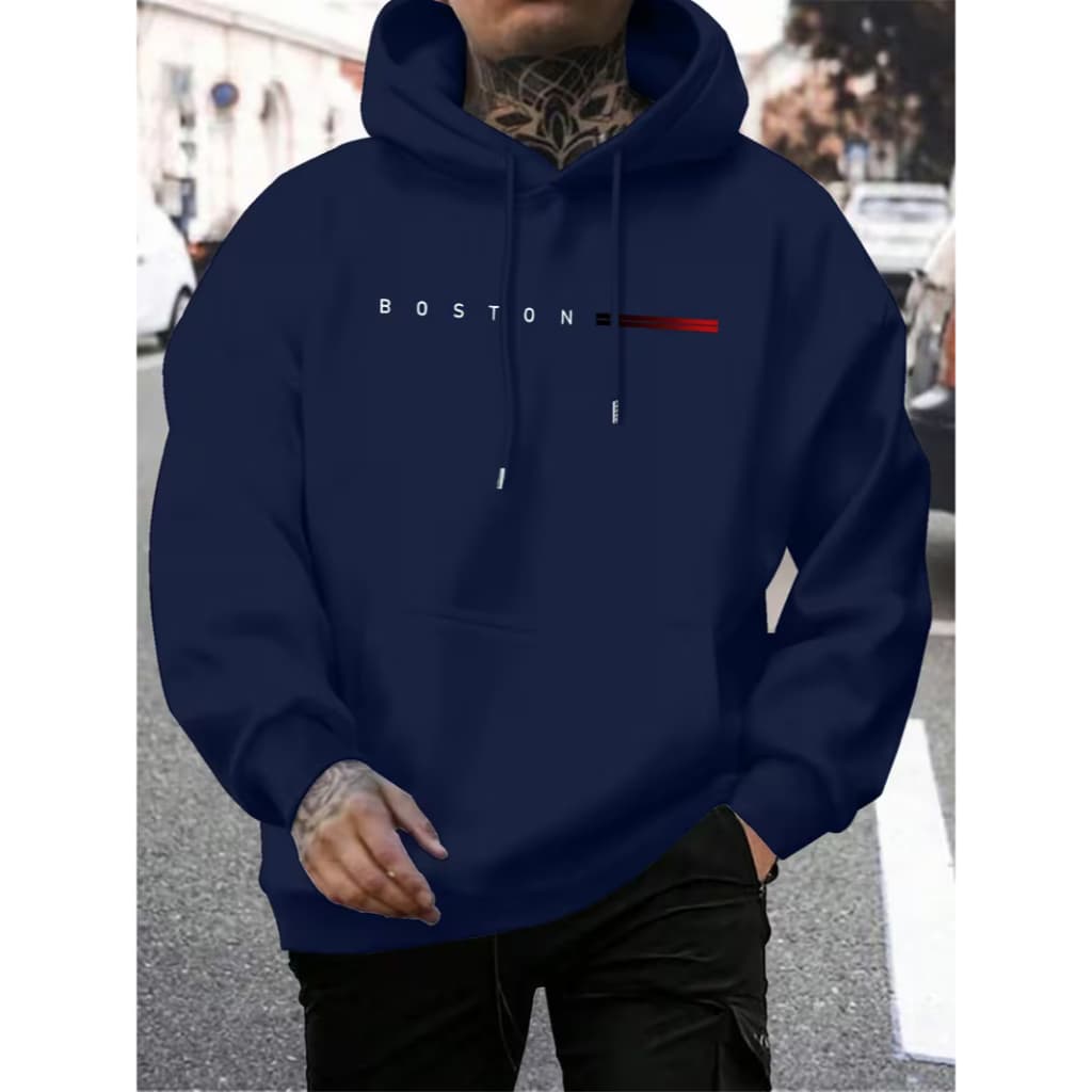 Moletom masculino com Capuz Estampa Gráfica 'Boston', Elegante e Casual com Bolsos