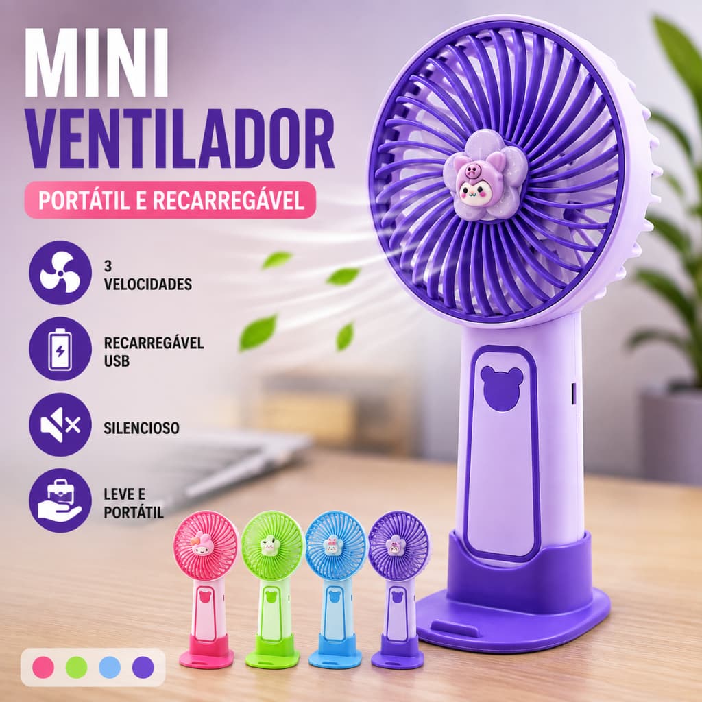 Ventilador Portátil Recarregável USB de Mesa 3 Velocidades Silencioso Base Urso