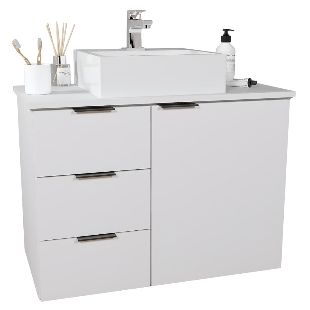 Balcão Móvel Gabinete MDF Para Banheiro Com Tampo & Cuba 70cm - Gavetas Lado Esquerdo do Móvel Com Fundo