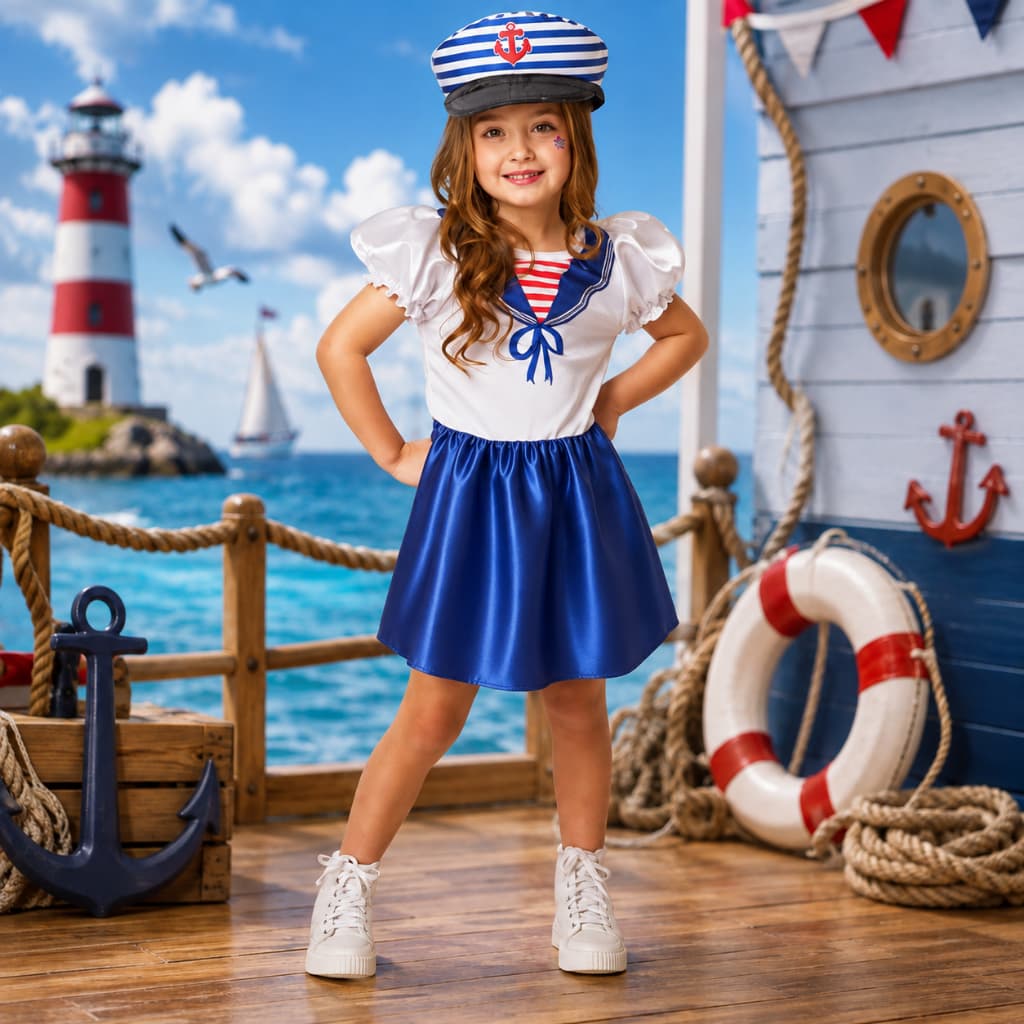 Fantasia Infantil Marinheira Menina Vestido com Chapéu Festa Carnaval Halloween