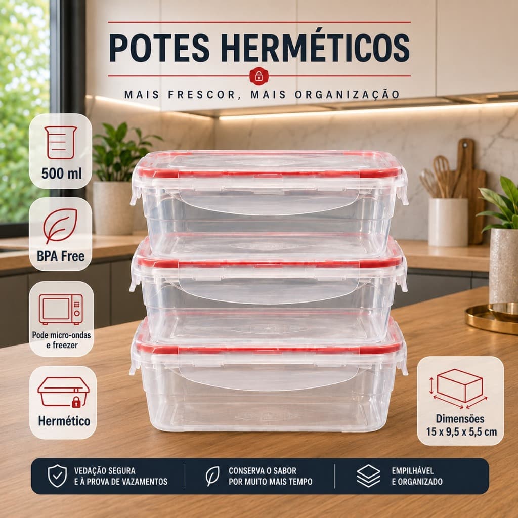 Kit Potes Plásticos Herméticos 500ml com Vedação de Silicone e Trava, Conserva Alimentos, Pode ir ao Micro-ondas e Freez