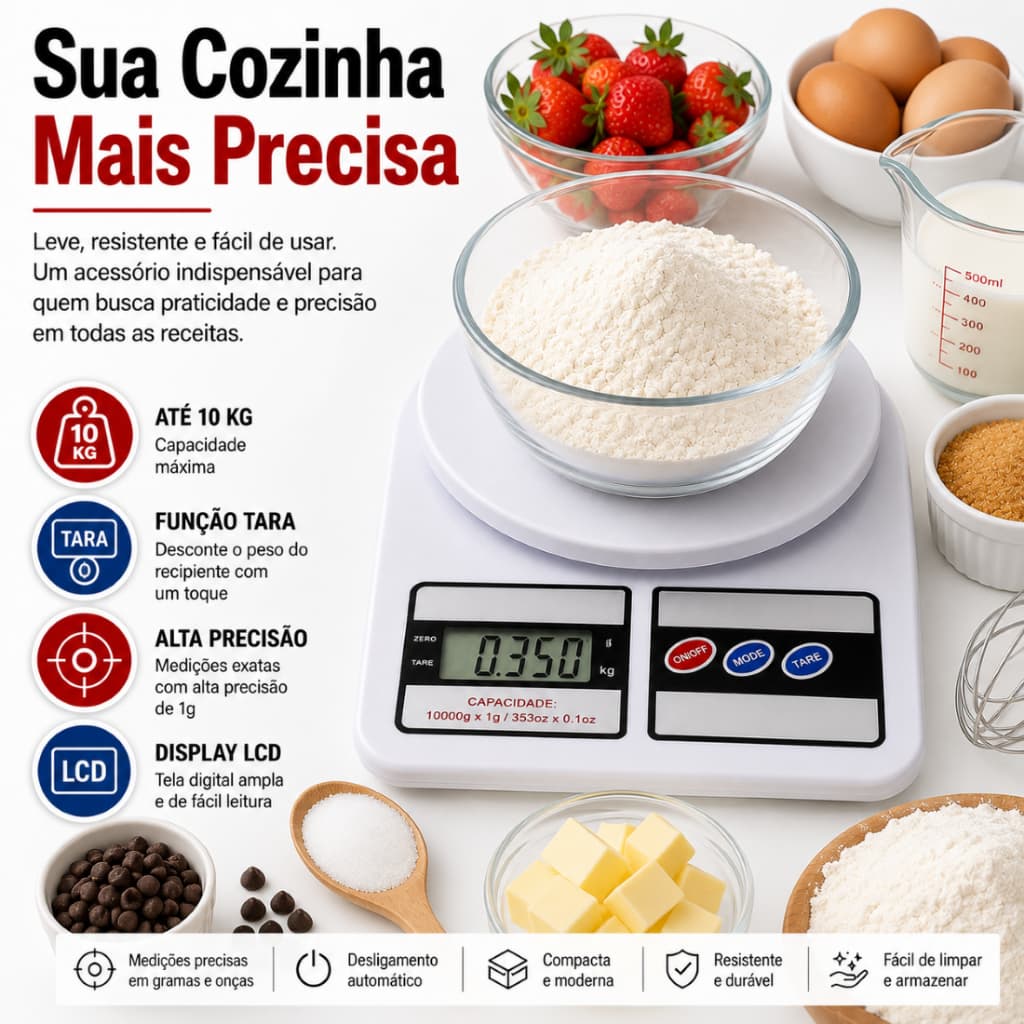 Balança Digital Cozinha Alta Precisao Capacida10kg Display LCD Compacta