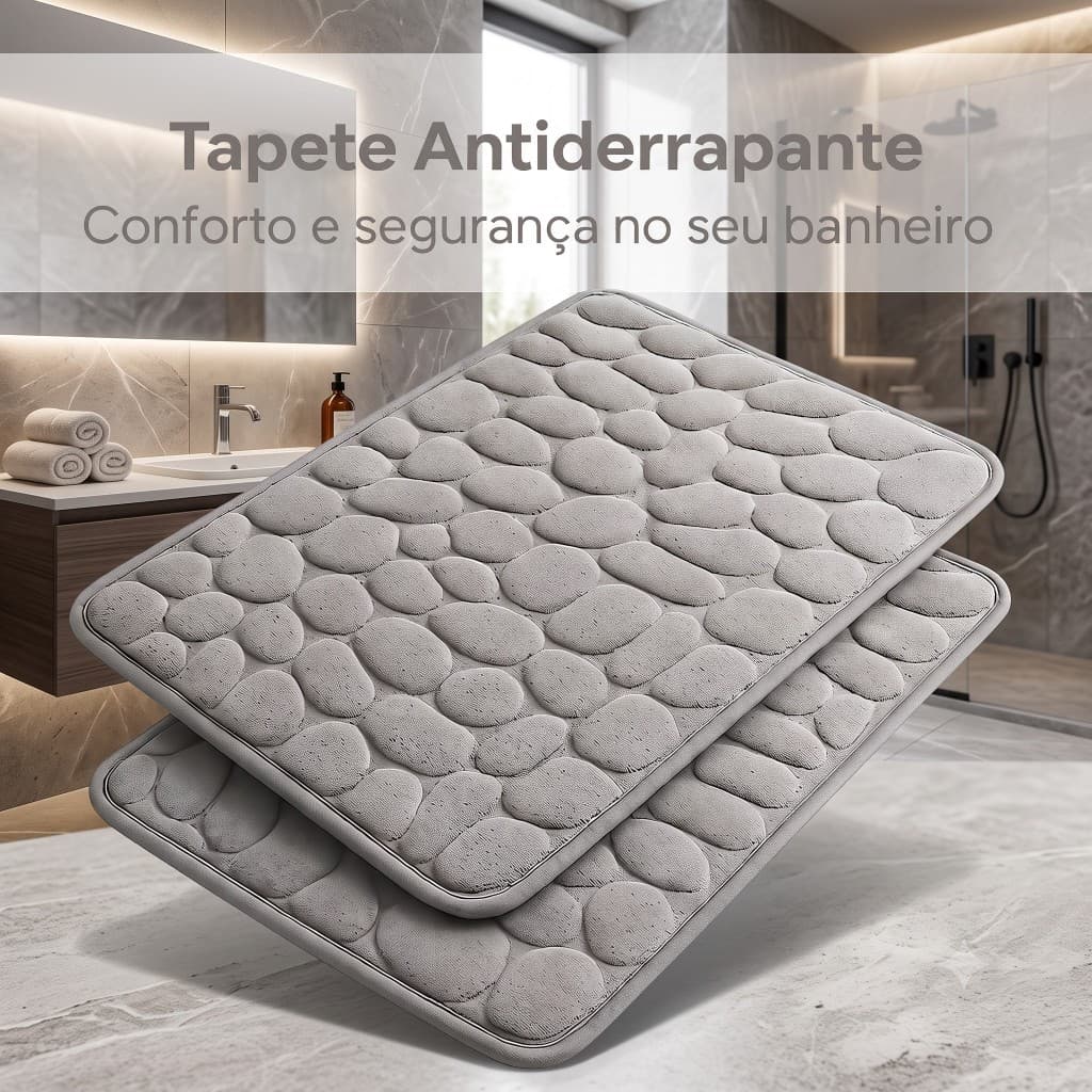 Kit 2 Tapetes Cinza Efeito Pedras Antiderrapante Absorvente Banheiro Cozinha Varanda 40x60cm
