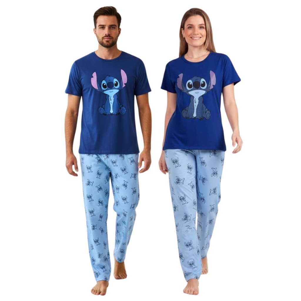 Kit Casal Pijama Meia Estação Manga Curta + Calça Malha PV Adulto Noites Confortáveis Personagem Promoção