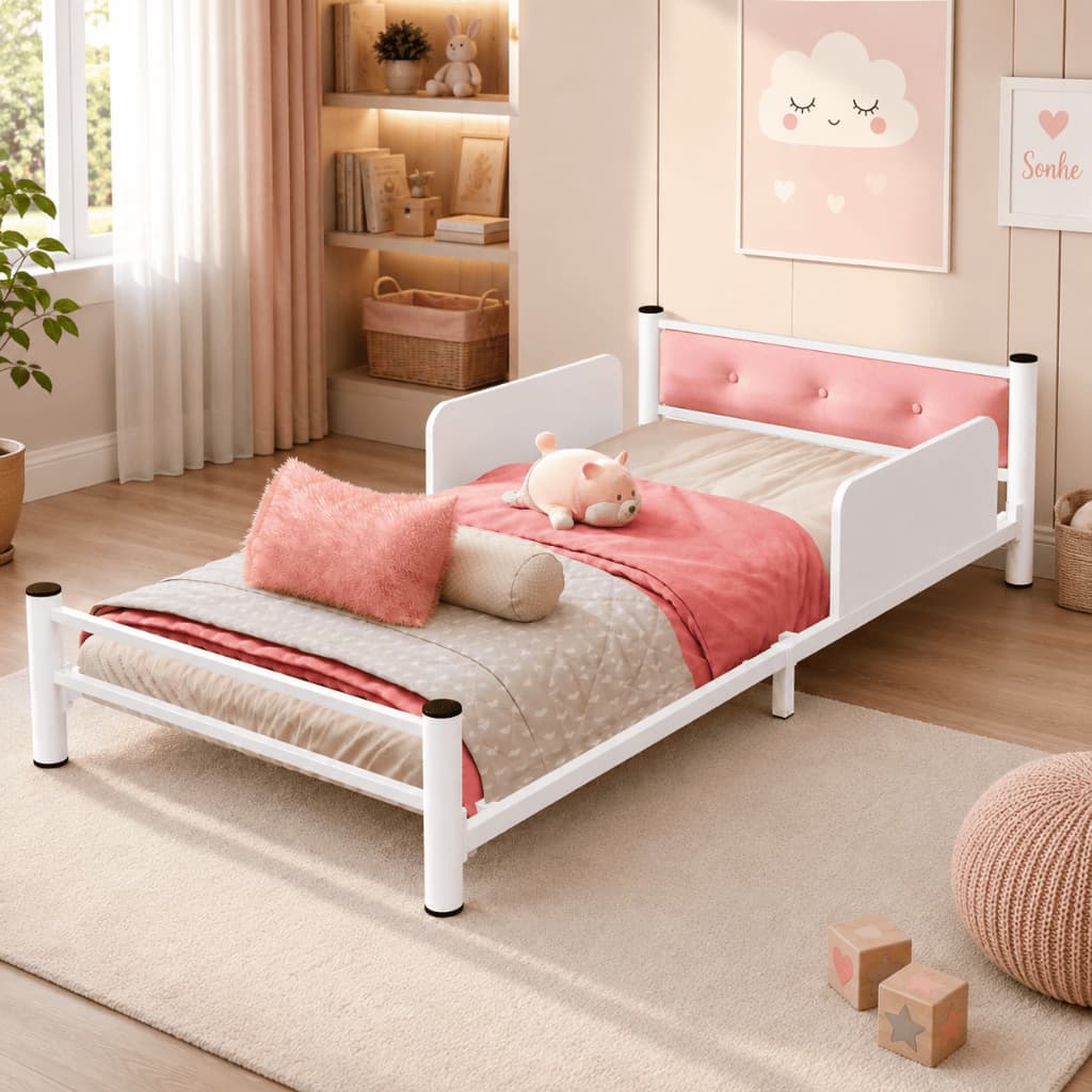 Cama Infantil Montessoriana em Ferro com Cabeceira Estofada e Grades de Proteção 160x75 cm Cor Rosa