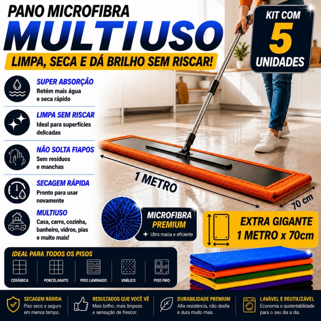 Kit C/ 05 Pano de Chão Microfibra Extra Gigante - 1 Metro x 70 Cm Neves - Cores Variadas - Multiuso