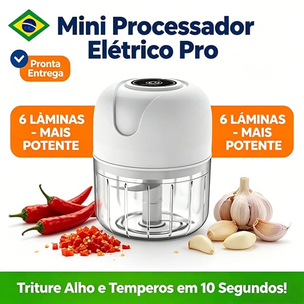 Mini Processador Elétrico Alho Temperos, Lâminas 6 Peças Potente Recarregável, Tritura Alho Pimenta para Preparos na Coz